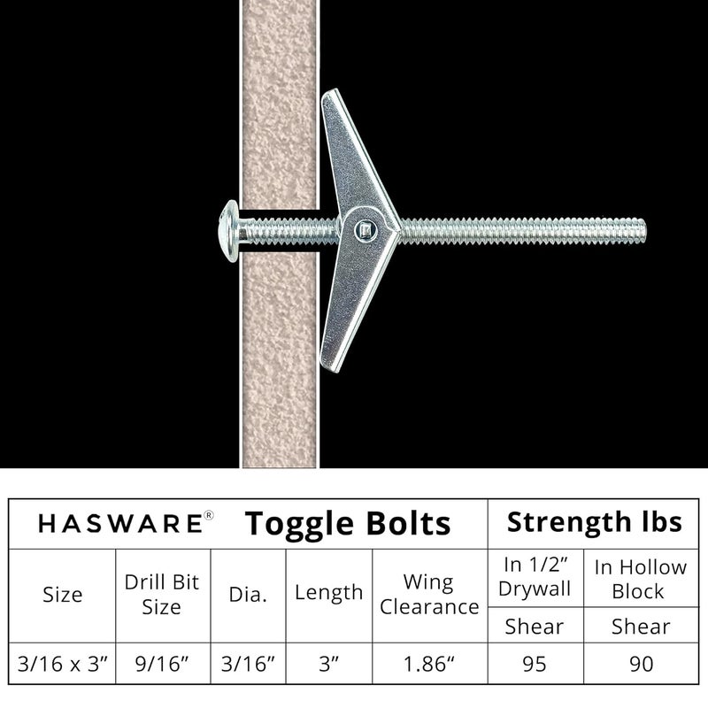 HASWARE Toggle Bolt Zinc Plated Steel and Wing Nut for Hanging Heavy Items on Drywall 3/16x3 (12 Pack) - Image 4